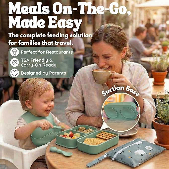 Baby Travel Essentials 6 Pc Silicone Feeding Set - Portable Toddler Plates with Suction, Baby Spoons & Foldable Bib in Carrying Case - BPA-Free Infant & Toddler Utensils for Airplanes & Eating Out