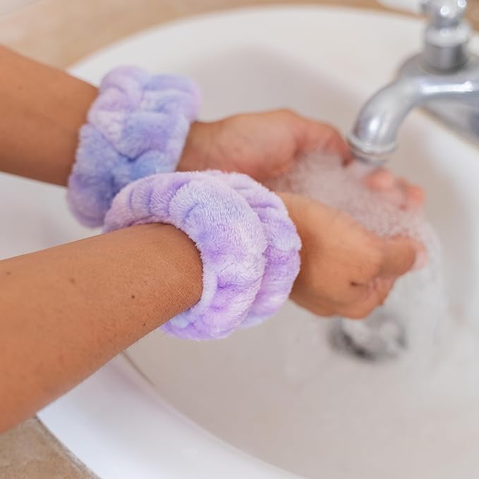 FROG SAC Puffy Spa Headband and Wristbands for Face Washing, Fuzzy Skincare Headbands for Women, Soft Makeup Skin Care Hair Accessories for Girls, Make Up Hair Band (Tie Dye)