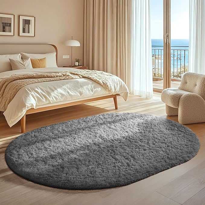 Ophanie 4x6 Grey Oval Rugs for Bedroom Living Room, Fluffy Fuzzy Furry Carpet, Plush Soft Shaggy Bedside Indoor Floor Area Rug for Kids Girls Boys Baby Teen Dorm Nursery Home Decor Aesthetic
