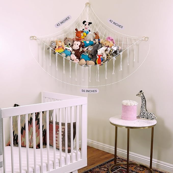 ABBY BABY Large Stuffed Animal Hammock Corner - Stuffed Animal Storage - 100% Natural Cotton Macrame Stuffed Animal Net - Stuff Animal Organizer - Net For Stuffed Animals Corner Large-Pink
