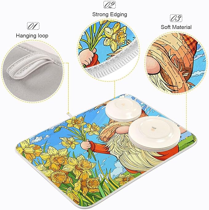 Absorbent Dish Drying Mat for Kitchen Counter - Sunflower Elk Microfiber Drying Pad, Reversible Drainer Mats for Countertop, Small 16" x 18"
