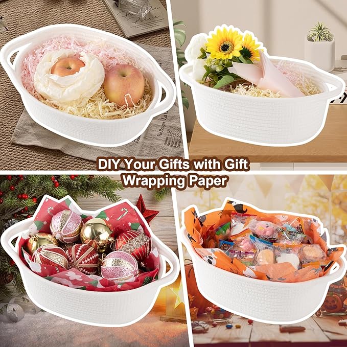 OIAHOMY Gift Basket with Handle, Valentine's Day Woven Basket with Gift Bag, Ribbon and Wrap Tissue Paper, Nursery Bins Empty to Fill with Small Items, Baby, Pet Toy Organiser - Valentine's Pink