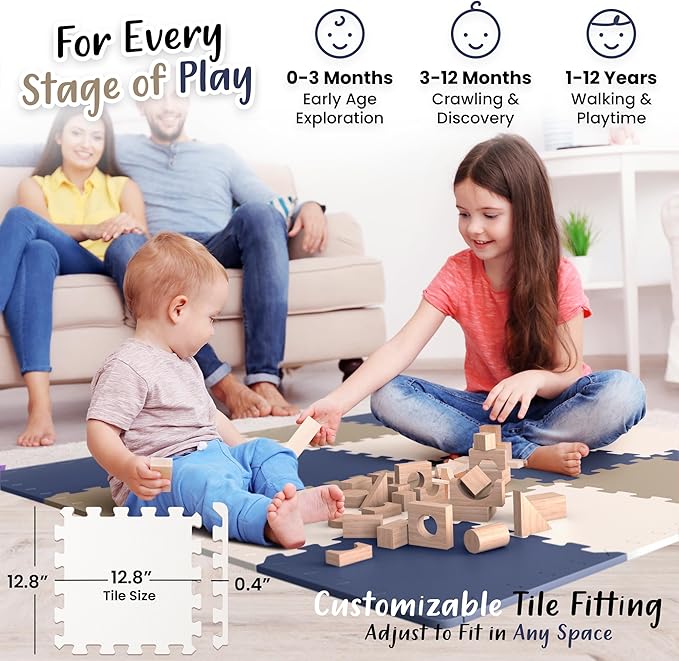 16 Tiles with Borders | 12" x 12" Baby Play Mat Foam Puzzle Floor Tiles | Non-Toxic Soft Waterproof Interlocking EVA Playmat for Nursery Playroom Playpen Toddler Tummy Mat