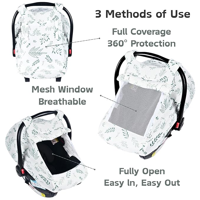 Summer Muslin Car Seat Cover Baby Girls Boys,Infant Carseat Covers with Breathable Window,3 Adjustable Modes, Lightweight Car Seat Sun Shade Cover for Babies,Green Leaf
