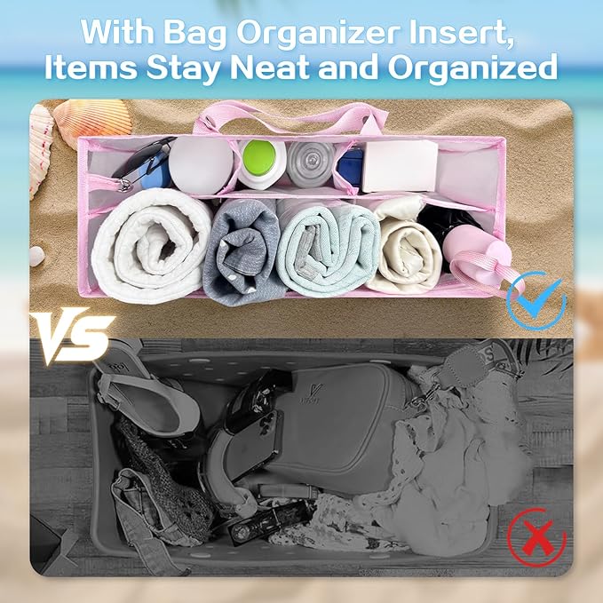 XYFuuee Beach Bag Organizer Insert for XL Simple Modern Bag Accessories, with 8 Removable Metal Fasteners, Extra Large Lightweight Mesh Inserts Divider Pouch, Organizing Rubber Tote, Save Space, Pink