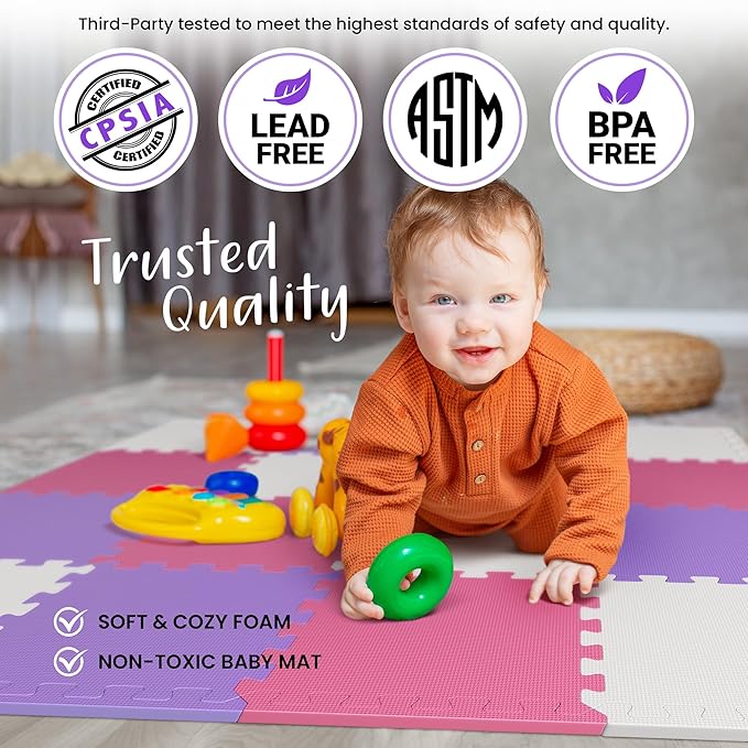 36 Tiles with Borders | 12" x 12" Baby Play Mat Foam Puzzle Floor Tiles | Non-Toxic Soft Waterproof Interlocking EVA Playmat for Nursery Playroom Playpen Toddler Tummy Mat