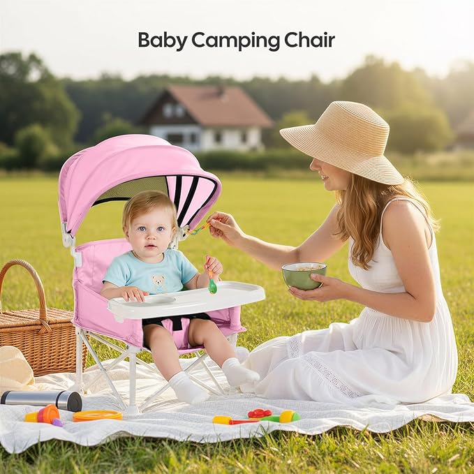 Cochildor 4-in-1 Portable Baby Chair, Foldable Toddler Booster Seat with Removable Tray, Canopy & Safety Harness, Pink