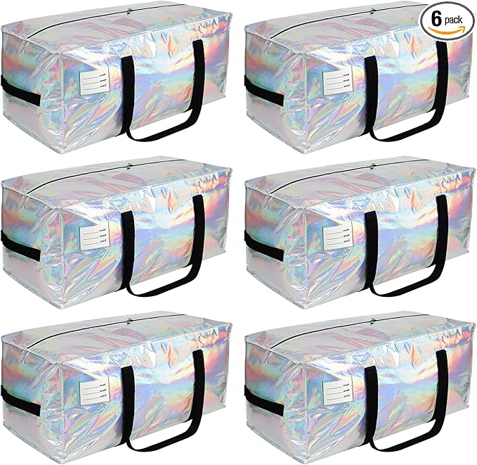 6 Pack Extra Heavy Duty Large Moving Bags with Comfortable Handle & Strong Zipper,Storage Totes for Space Saving Moving Storage College Supplies Alternative to Moving Box,Iridescent