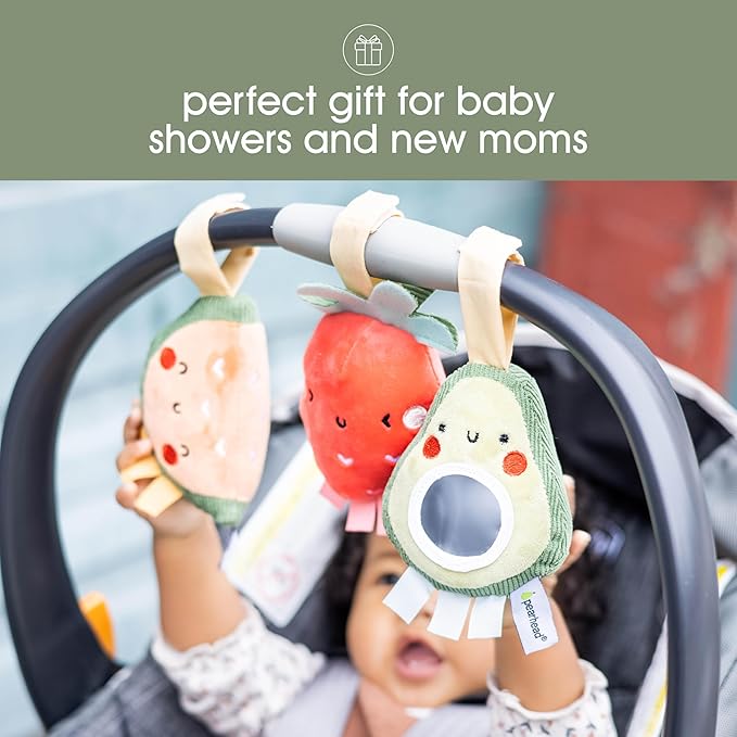 Pearhead Fruit Stroller Toys, Stocking Stuffers for Babies, Newborn Ideas, Plush Interactive Toy Set for Baby Car Seat with Hanging Mirror, Strawberry Avocado Watermelon, Set of 3