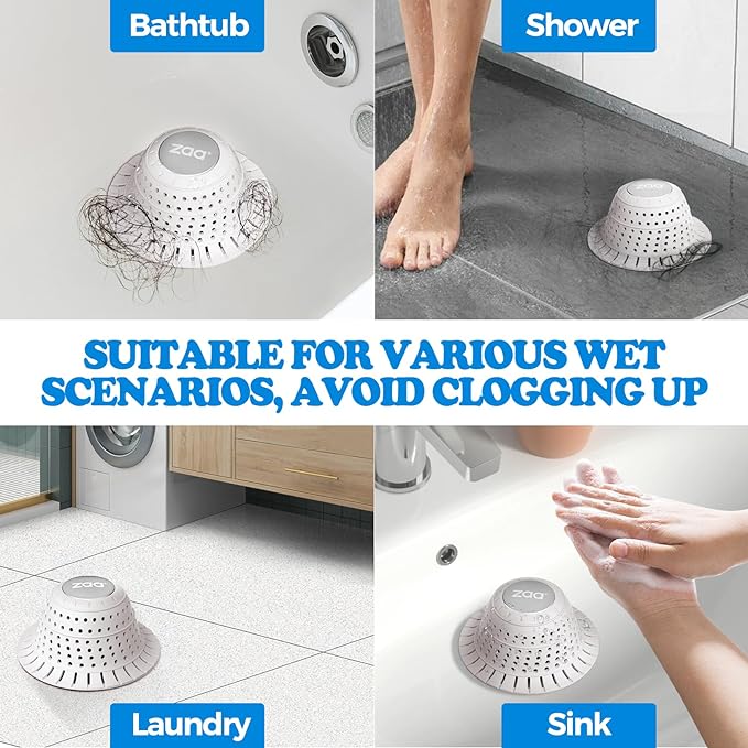 zaa Bathtub Drain Hair Catcher, Silicone Collapsible 2 Pack Drain Protector for Pop-Up and Regular Drains of Shower, Bathtub, Tub, Bathroom, Sink, White