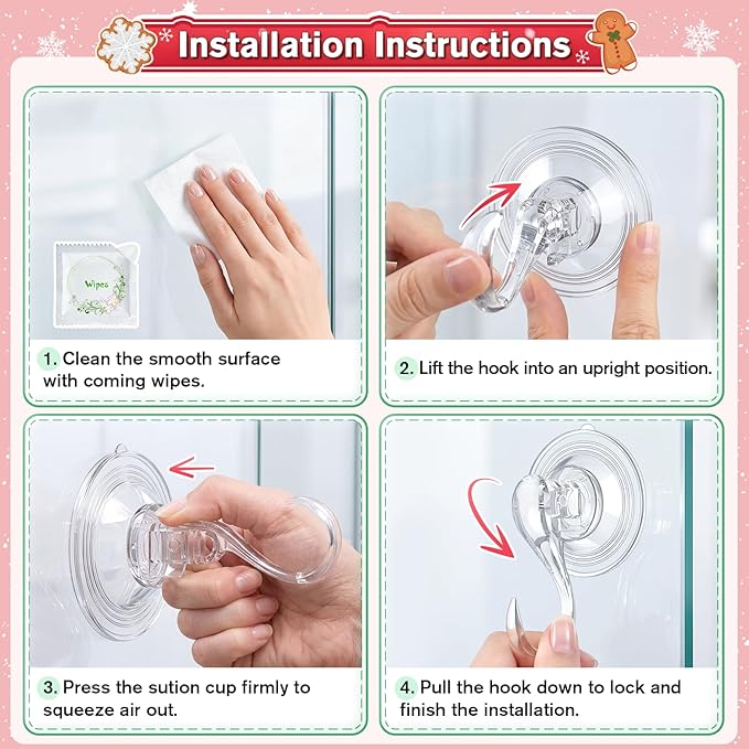 VIS'V Wreath Hanger, Large Suction Cup Wreath Hooks with Wipes, Heavy Duty, 22 LB Capacity, Removable and Reusable, Clear, 6 Pcs
