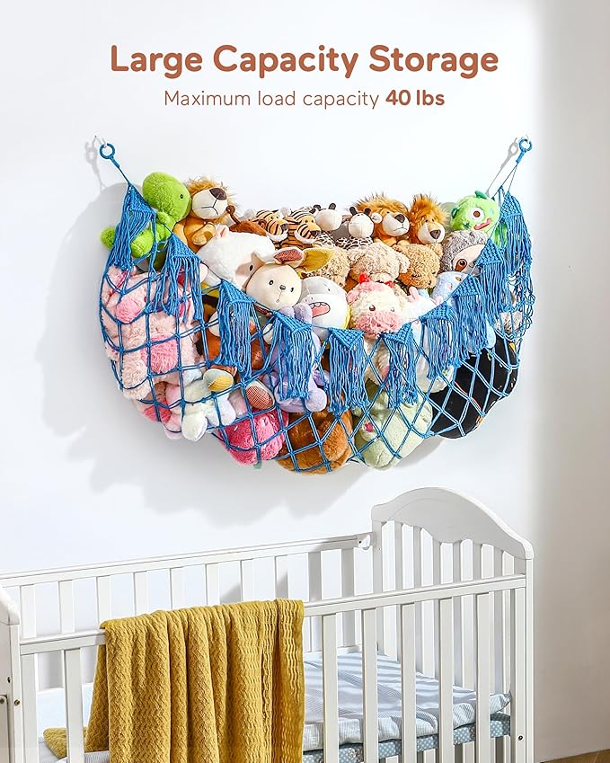 Boho Macrame Stuffed Animal Hammock with LED Lights – Large Wall Hanging Plushie Net, Corner Toy Organizer for Kids Bedroom, Nursery, Playroom & Dorm (Blue XXL)