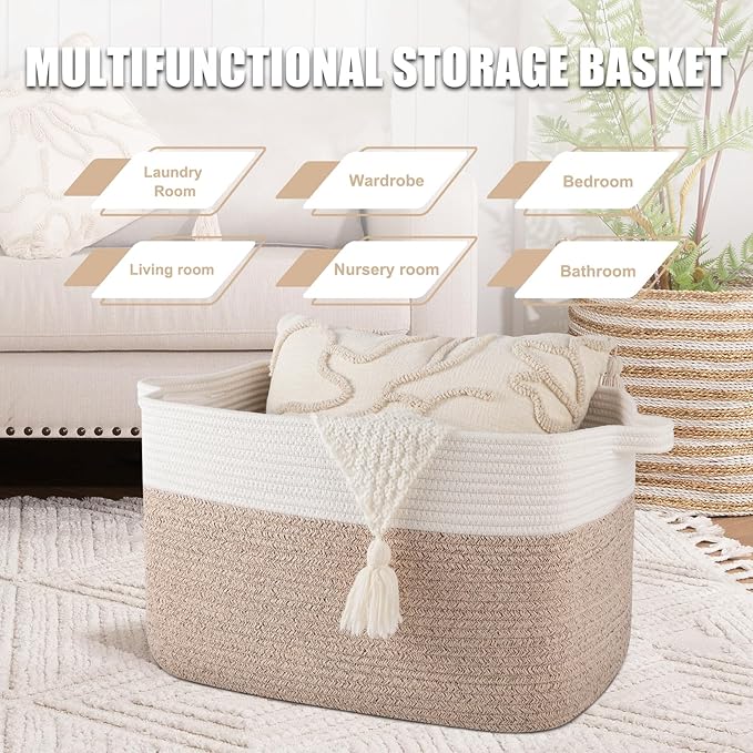 SIXDOVE 65L Large Storage Basket, Cotton Rope Woven Blanket Basket, Toy Storage for Baby Room, Living Room, Brown & White