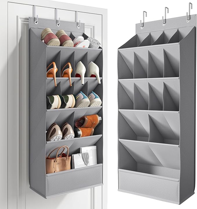 Mefirt Over the Door Shoe Rack with Large Deep Pockets, Door Shoes Organizer for Closet, Hanging Boots Shoe Rack, Behind the Door Narrow Shoe Holder, Multiple Pockets for Flexible Storage, Grey ﻿