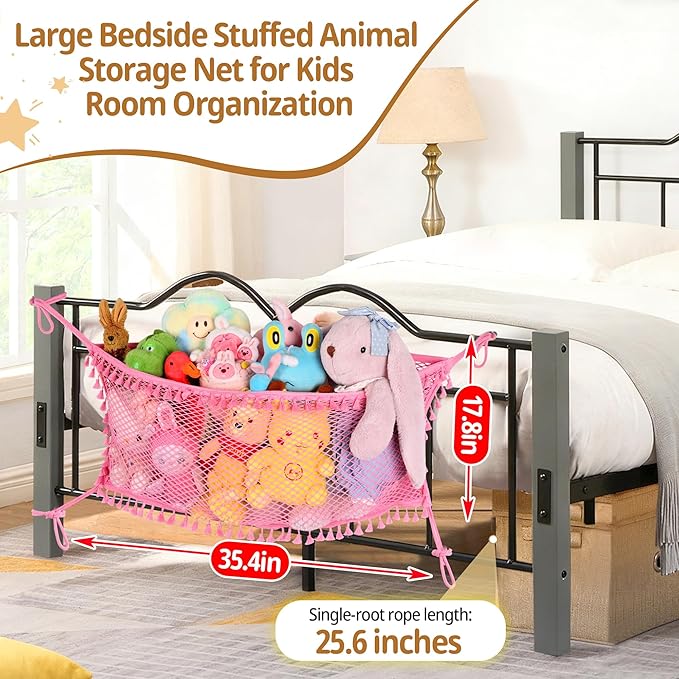 Stuffed Animal Storage Net, Large Bedside Toy Organizer Net, Cotton Plushie Toy Storage Hammock with Tether for Stuffed Animals Playroom Organization