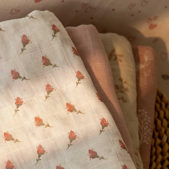 Muslin Swaddle Blankets for Newborn, 4 Pack Cotton Baby Blankets for Girls, Large 31.5 x 43.3 Breathable Soft Receiving Blanket, Essentials Swaddle Wrap Burping Clothes, Flowers