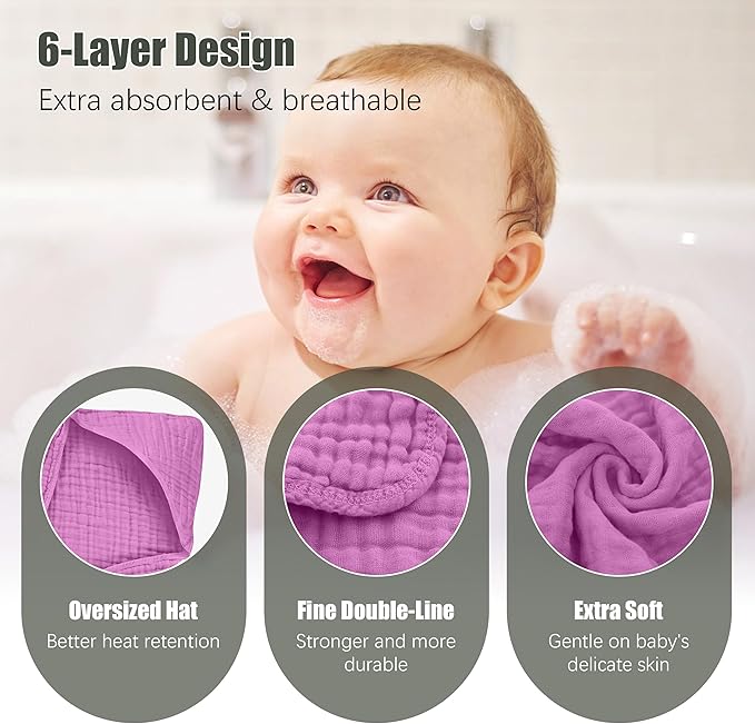 Spotted Play 2 Pack Hooded Baby Towels - 100% Muslin Cotton for Newborns, Infants, Toddlers - Large 32x32 Inch Size - Highly Absorbent and Essential for Newborn Care, Deep Sakura