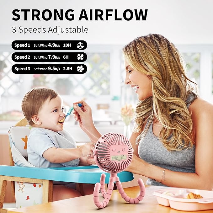 AMACOOL Battery Operated Stroller Fan, Newborn & Baby Travel Essentials, Registry Gifts, Flexible Tripod Clip On Fan with 3 Speeds and Rotatable for Car Seat Crib Bike Treadmill, Beach Essentials