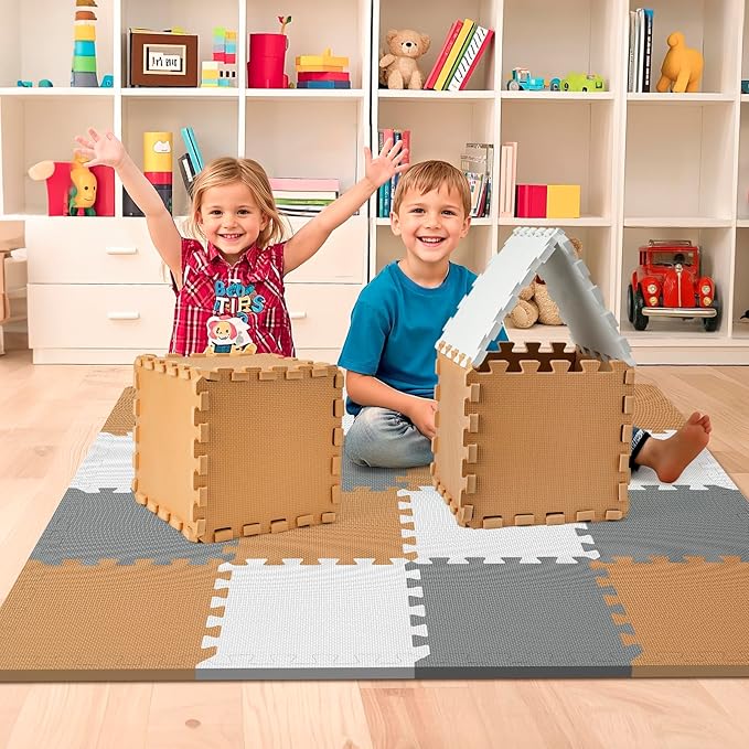 16 Tiles Baby Play Mat for Floor, EVA Foam Baby Floor Play Mat with 0.6 Inch Thick Interlocking Foam Tiles, Foam Floor Tiles for Baby, Toddlers and Kids (Brown-Gray-White, 16PCS)