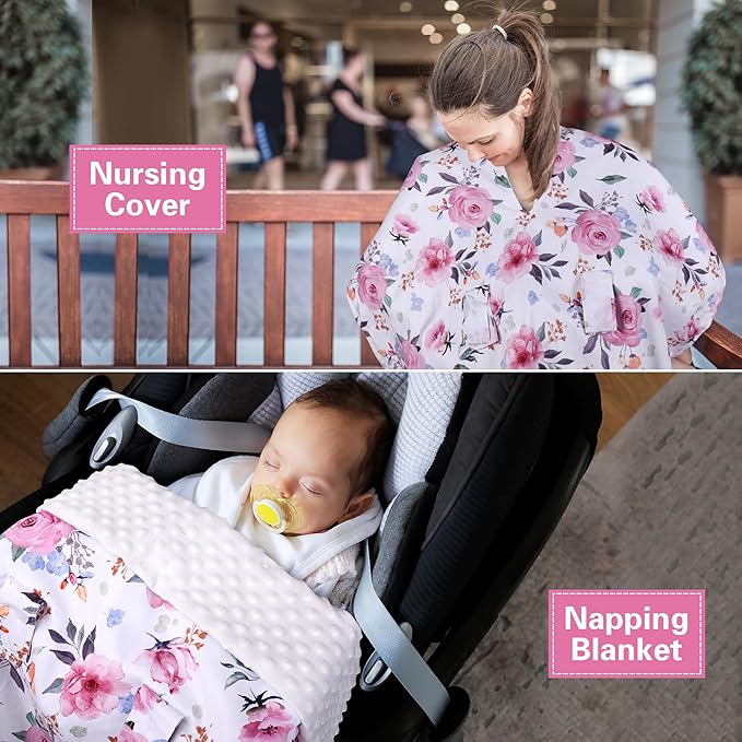 Rquite Car Seat Cover Baby, Carseat Covers Baby Girl, Winter Infant Car Seat Cover, Warm Minky Car Seat Canopy, Baby Carrier Cover with Peekaboo Opening, Multi Use Nursing Cover & Toddler Blanket