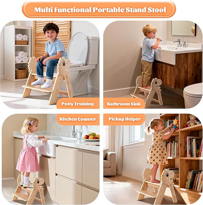 Novarieth Beech Wooden Toddler Step Stool, 2-Step Foldable Stool for Kids with Non-Slip Surface, Baby Bathroom Stool for Potty Training, Bathroom Sink, Kitchen Counter with Cute Dinosaur Design
