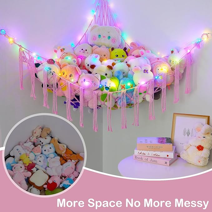 Basumee Stuffed Animals Net or Hammock with LED Light, Hanging Stuffed Animals Storage Toy Hammock Net Corner Wall Girls Room Decor Toy Storage Organizer, Pink, XL