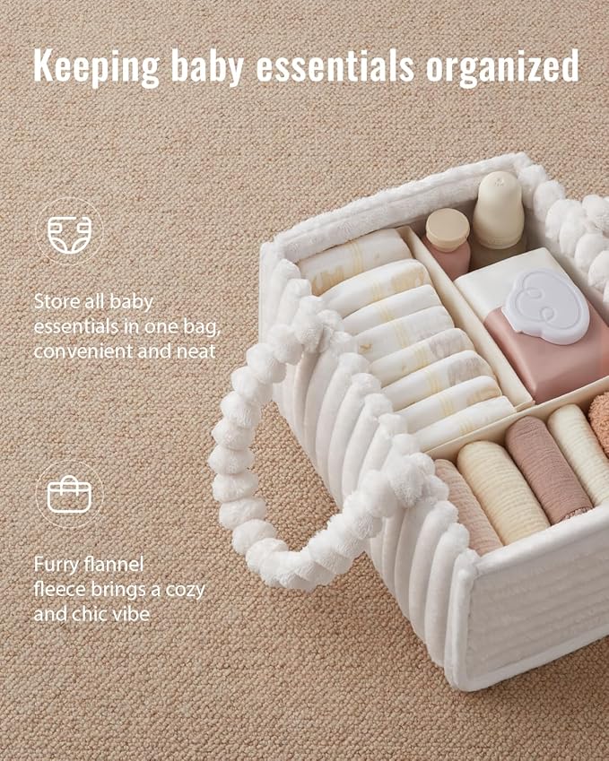 Blissful Diary Flannel Diaper Caddy Organizer, included Gift Packaging, Cozy Nursery Storage Basket, Gift for Baby Shower, Newborn Essentials, Cream Beige