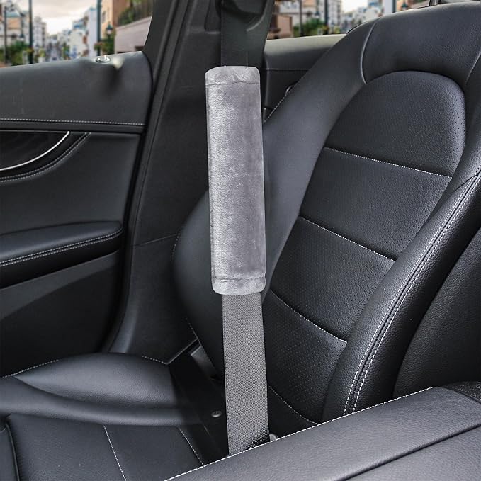 Amooca Soft Faux Fur Universal Fit Seatbelt Cover Car Truck SUV Airplane Seat Belt Shoulder Pad for Carmera Backpack Straps Neck Cushion Protector 2 Pack 10.5in Light Silver Grey
