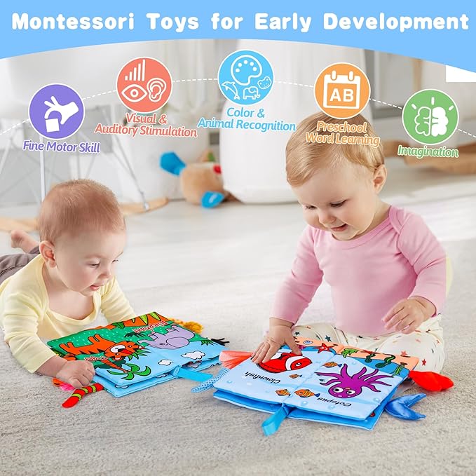 2PCS Baby Books 0-6 Months Infant Toys 0-3 3-6 6-12 Months Baby Tummy Time Sensory Toys 3 4 6 Month Newborn Essentials Must Haves Crinkle Touch Feel Busy Book for Babies Boys Girls Easter Shower Gifts