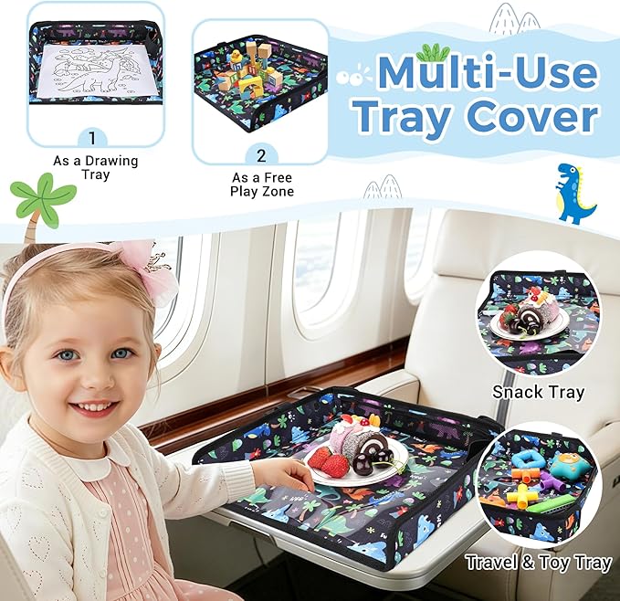 COOLBEBE Airplane Tray Table Cover, Foldable Travel Tray Cover for Toddlers 1-3, Universal Fit for Airplane, Car Seat, High Chair, Machine Washable, Portable, Black Dinosaur