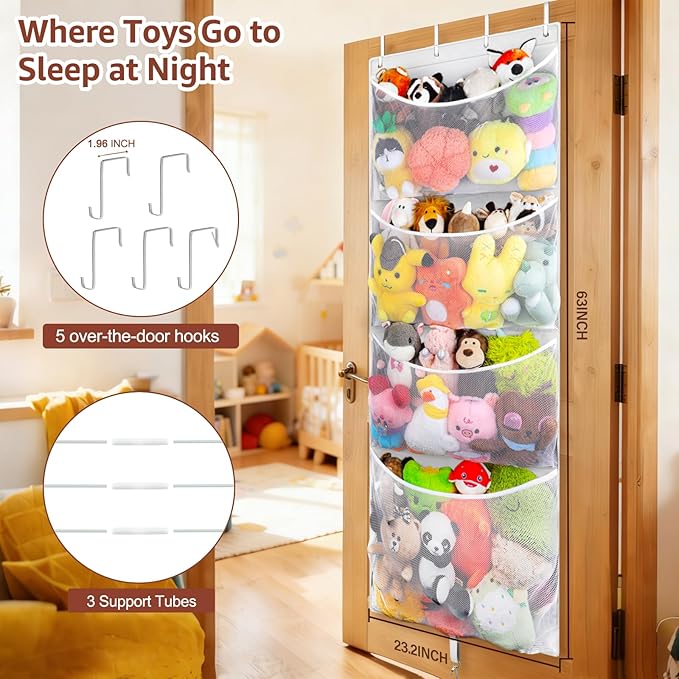 Woodoulogy Hanging Stuffed Animal Storage, Over Door Large Plush Toy Organizer with Metal Hook, Baby Accessory Holder Idea for Nursery, Doll & Bear Mesh Hammock Bag for Girl Boy Kid Room