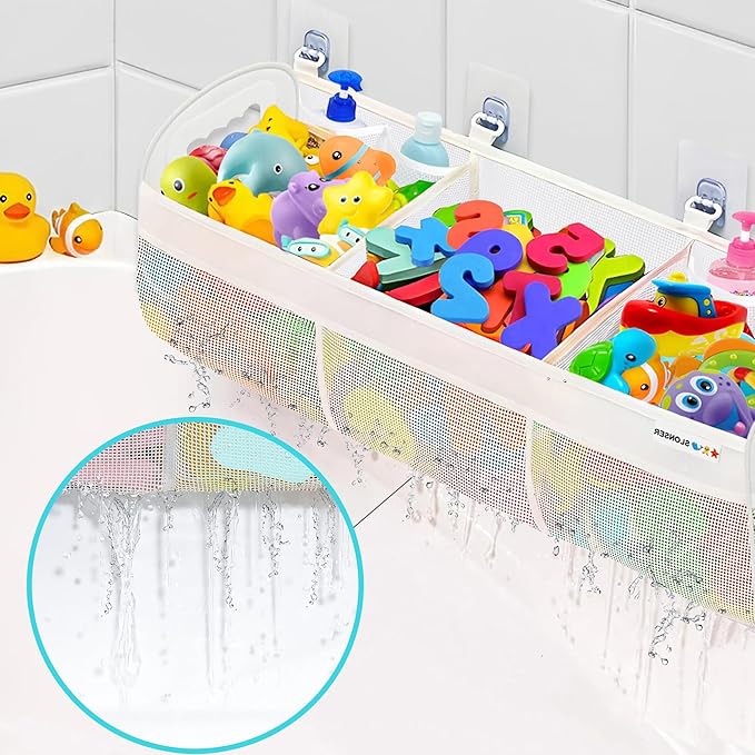 Bath Toy Holder 3 Compartment, Bath Toy Storage, Large Bathtub Toys Holder Organizer for Tub, Quick Dry Bathroom Mesh Net Bag with 6 Heavy Duty Adhesive Wall Hooks