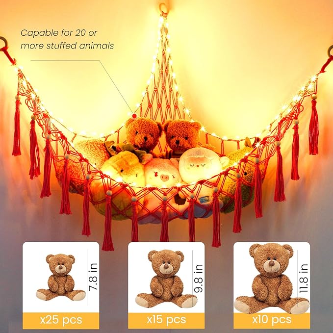 Stuffed Animal Hammock, 55in Storage Macrame Hammock with 75LEDs, Hanging Net for Kids Bedroom Doll Room Corner Organizer, USB Powered Plush Animal with Remote (Hot Pink, XL)