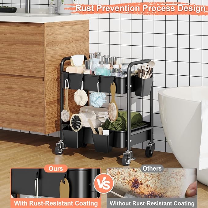 2 Tier Metal Rolling Utility Cart with Wheels Under Desk Storage Cart with Handle, Roll Around Organizer Trolley for Small Space Pantry Bathroom Home Kitchen Office Snack Baby Supplies, Black