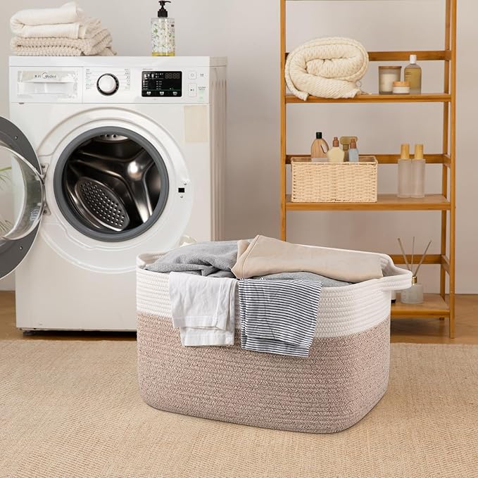 SIXDOVE 65L Large Storage Basket, Cotton Rope Woven Blanket Basket, Toy Storage for Baby Room, Living Room, Brown & White
