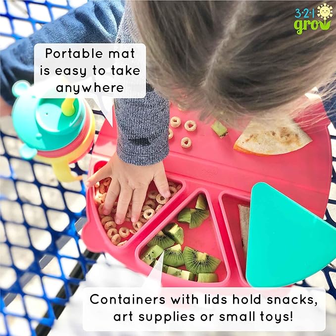 Silicone On-The-Go Snack Mat – Foldable Reusable Placemat with 3 Compartments and Lids – Travel-Friendly Baby and Toddler Snack Plate – Dishwasher Safe (Cotton Candy)