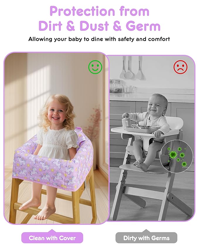 High Chair Cover Portable with 3-Point Harness, Waterproof Baby Seat Cover for Restaurant Travel Home Use, Machine Washable, Fits Wooden Chairs (Purple Unicorn)