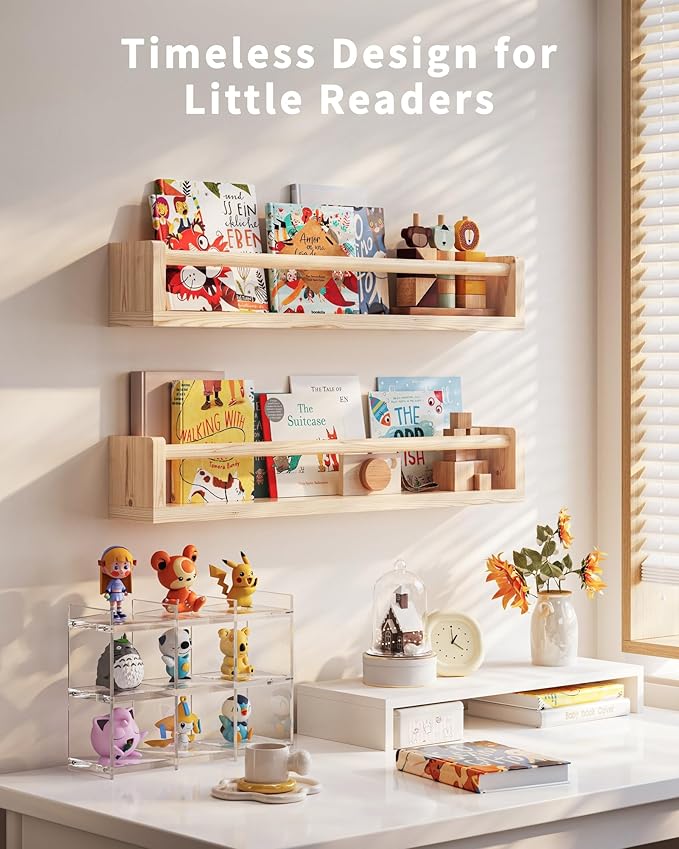 Nursery Book Shelves, 4 Pack, Wall Book Shelves for Kids Room, Baby, Toddler, Nursery Decor (Wood, 23 Inches)