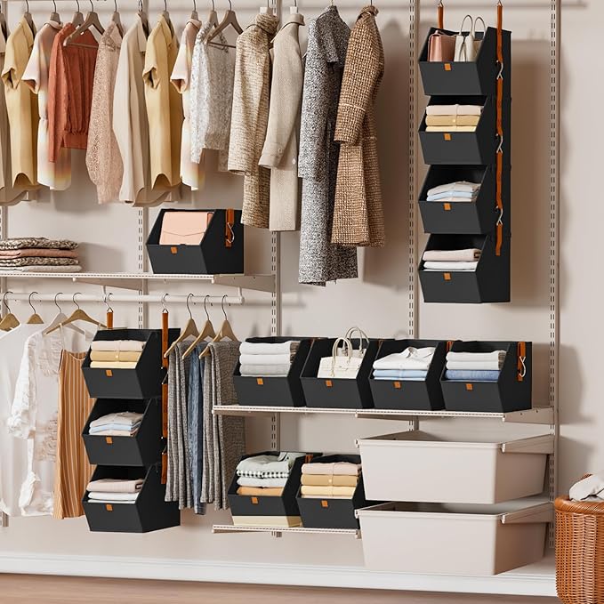 Homsorout Hanging Closet Organizer 4 Tier - Clothes Hanging Shelves, Space-Saving Closet System, Fabric Storage Bins Bedroom Organization, Collapsible Baskets for Home, Dorm, Rv, Black, 2 Pack