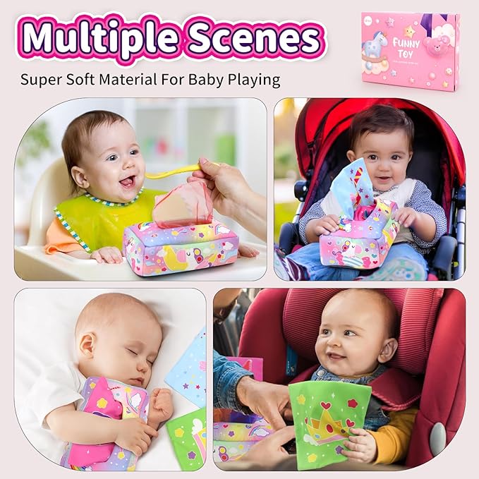 usrela Baby Toys 6 to 12 Months - Tissue Box Toy, Tissue Learning Toys with Alphabet Number Color Sound, Baby Sensory Toy Gifts for 6 9 12 18 Months Old