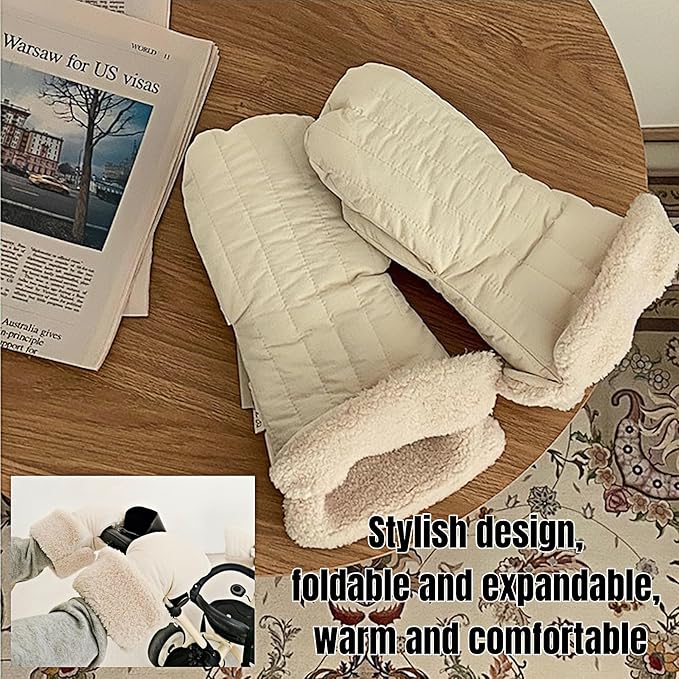 Winter Baby Stroller Hand Muffs, Waterproof Windproof Warm Gloves with Lamb Wool Lining, 12x6 Inch Oversized Stroller Handle Warmers with Magic Tape (White)