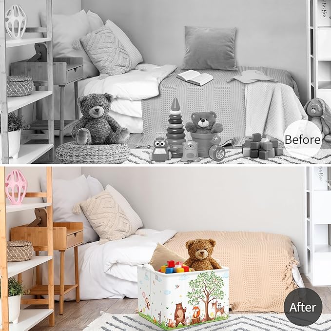 TREWAVE Baby Storage Basket Woodland Animals Gift Basket with Handles Rectangular Collapsible Clothes Towel Toys Bin Bookshelf Organizer for Baby Shower Room Nursery Decor