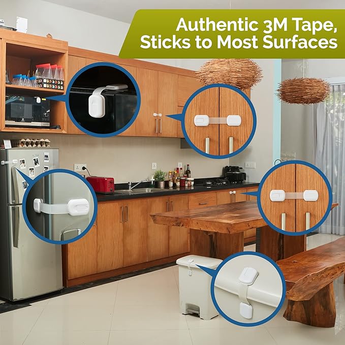 Child Safety Strap Locks (8 Pack) Baby Locks for Cabinets and Drawers, Toilet, Fridge & More. 3M Adhesive Pads. Easy Installation, No Drilling Required, White