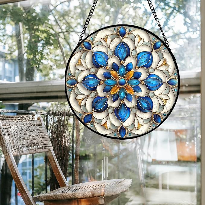 JOSUMALY Stained Glass Window Hanging - Blue and White Abstract Flowers Suncatcher for Door Terrace Garden Home Decor, Gold Sun Catcher Birthday Gifts for Lovers Women Men Dad Mom Nana 6.3 in