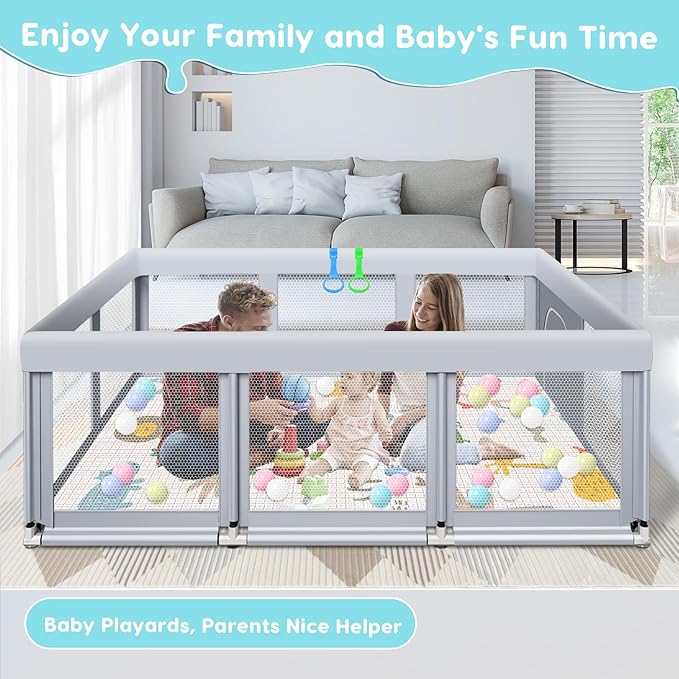 Fshibila 74" ×50" Large Baby Playpen, Baby Playard for Babies and Toddlers, PlayPen for Indoor & Outdoor, Sturdy Safety Play Yard with Soft Breathable Mesh, Ball x 18, Handle x 2, Mat x 1, Grey