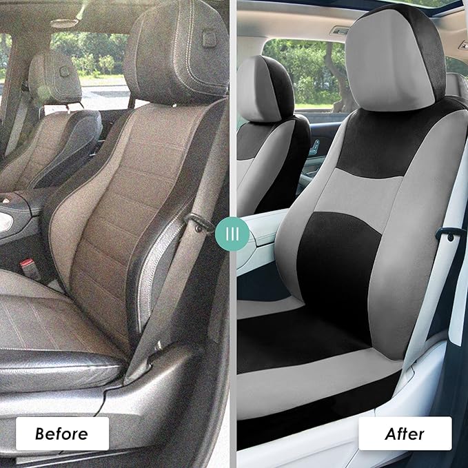 FH Group Universal Fit Gray Black Automotive Seat Covers Combo Set with Steering Wheel Cover and Seat Belt Pad fits Most Cars, SUVs, and Trucks (Airbag Compatible and Split Bench)