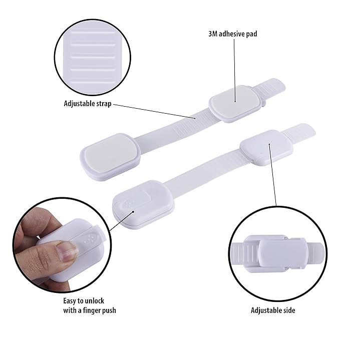 CUTESAFETY - Child Safety Cabinet Locks (2 Pack) – Adjustable Baby Proofing Strap Latches with Strong 3M Adhesive – No Drill Childproof Locks for Drawers, Cabinets, Fridge, Door, Closet, Grey