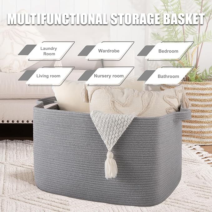SIXDOVE 95L Large Storage Basket, Cotton Rope Woven Blanket Basket, Nursery Storage for Baby Room, Living Room, 24" x 16.9" x 14.2", Light Grey