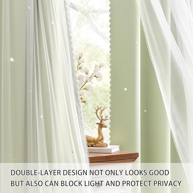 XiDi Sage Green Blackout Curtains for Bedroom Living Room 84 Inches Long Room Darkening Thermal Insulated Drapes Window Treatment Grommet Top Light Blocking Star Curtains for Kids Boys 2 Panels 52x84