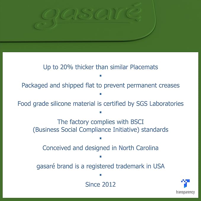 GASARÉ, Placemats Set of 4, Silicone Placemats, Table Mats, Non-Slip, Easy to Clean, Heat Resistant, Flexible, 20% Thicker, 16 x 12 inches x 1.1mm, Green